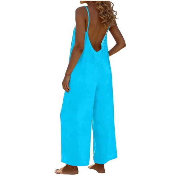 Backless Jumpsuits Womens Wide Leg Jumpsuit Spaghetti Straps Summer Romper with Pockets Loose Fit Dungarees Playsuits V Neck All in One Playsuit Onesies Solid Color Open Back Playsuits