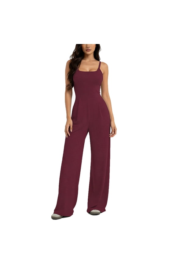 Backless Jumpsuits for Women Tunic Waist Spaghetti Strap Solid Color Trendy Casual Wide Leg Long Pants Workout Rompers for Spring Summer Wine S-XL