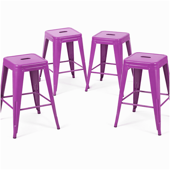 Backless Kitchen Bar Stools Set of 4, 24 Inch Height Metal Stool in Purple, Easy No-Tool Assembly, Rust-Resistant for Home & Cafe