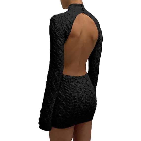 Backless Knitted Sheath Dress Women Long Sleeve Turtleneck Bodycon Mini Dress Casual Elegant Female Dress