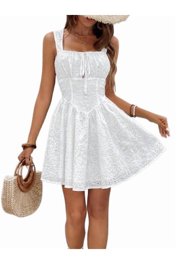 Backless Lace Up Short Dress 2025 Casual Summer Sleeveless Cute Birthday Party Gown Low Cut Dress White M