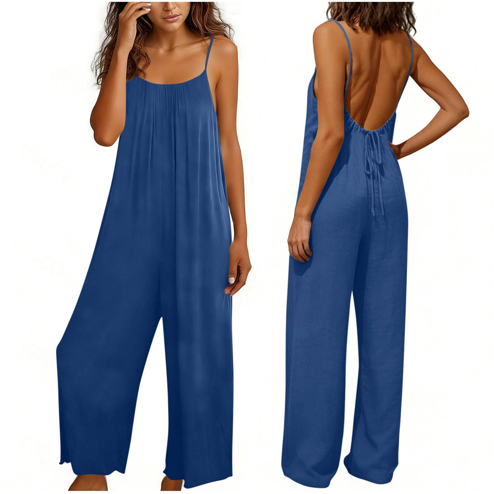Backless Linen Jumpsuit for Women Wide Leg Spaghetti Strap Long Rompers ...