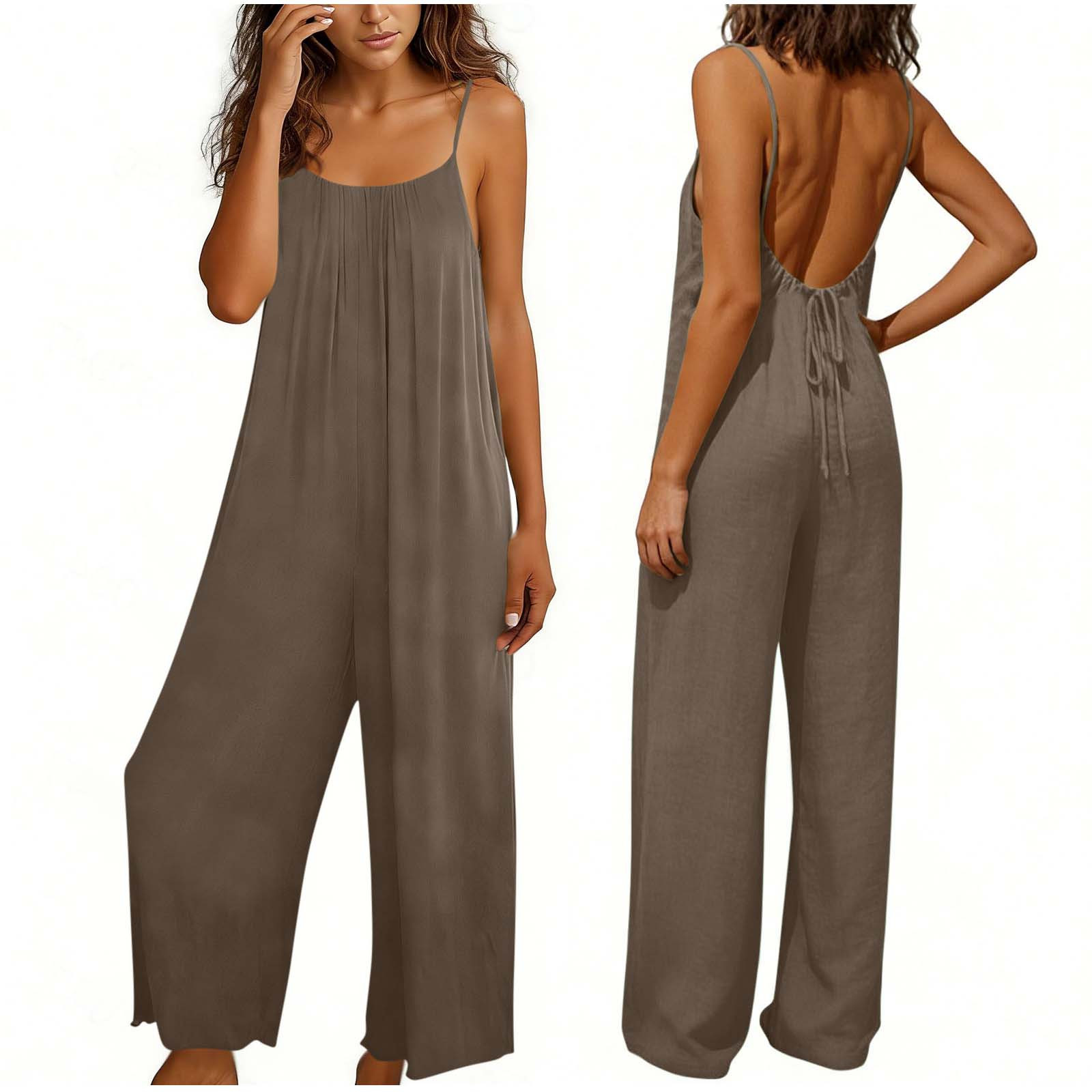 Backless Linen Jumpsuit for Women Wide Leg Spaghetti Strap Long Rompers ...