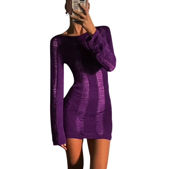 Backless Long Sleeve Hollow Out Mini Bodycon Dress Women Slim Fit Knitted Short Dress See Trough Sexy Party Dress