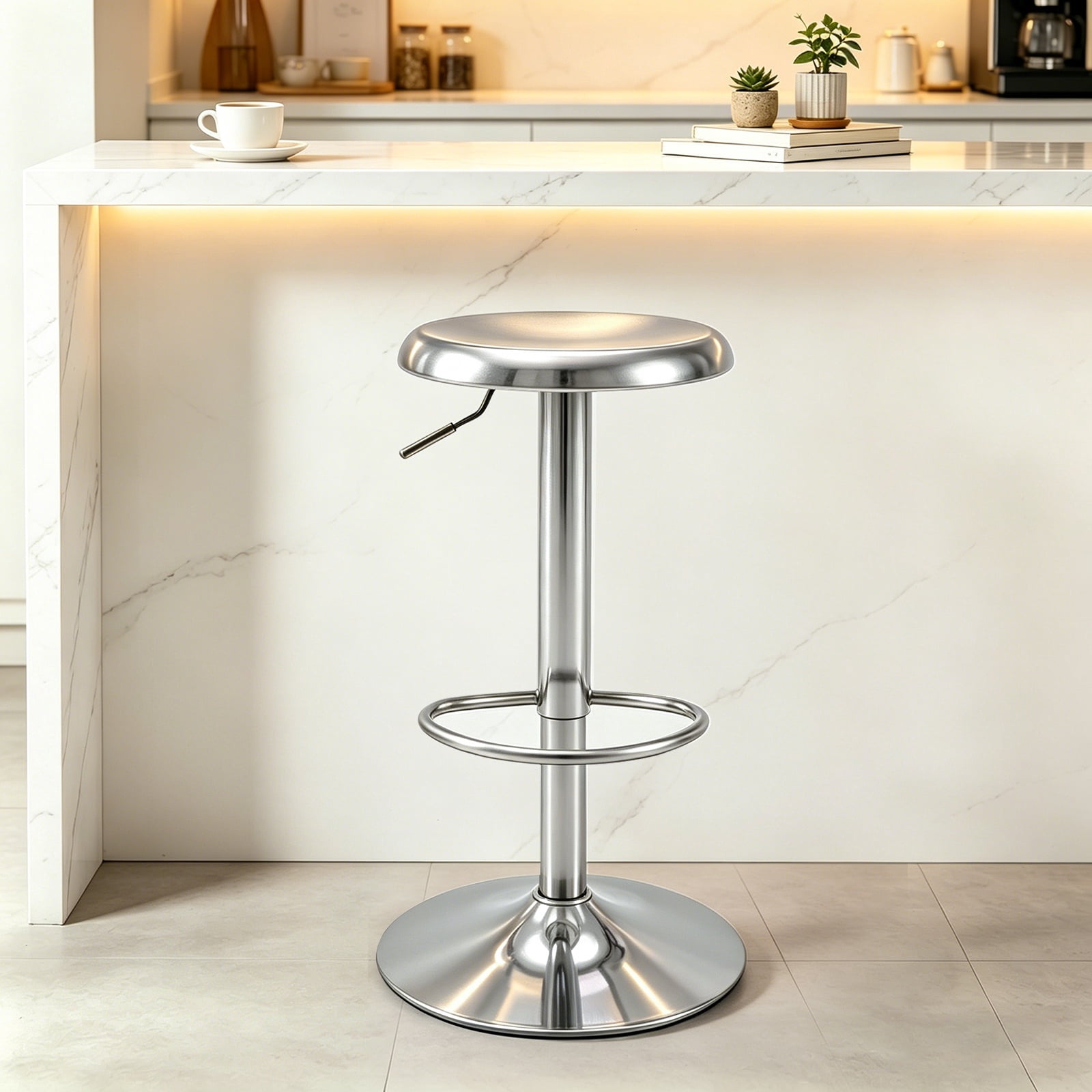 Single Silver Bar Stool, Adjustable 360° Swivel Counter Height Bar Stool, Industrial Backless Metal Bar Chair for Kitchen Island with Footrest