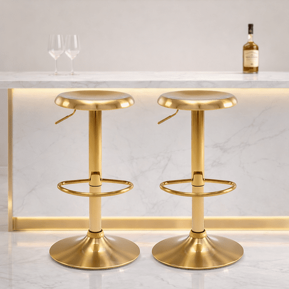 Backless Metal Bar Stools Set of 2, 360 Swivel Round Bar Stool, Adjustable Counter Height Chair for Kitchen Island,Cafe,Dining Room Stool(Gold)