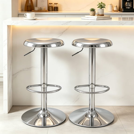 Silver Bar Stools Set of 2, 360° Swivel Round Adjustable Counter Height Bar Stools, Industrial Backless Metal Bar Chairs for Kitchen Island with Footrest