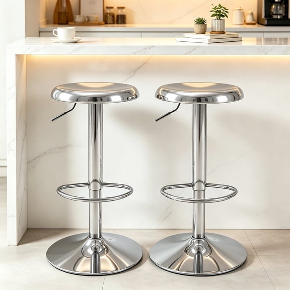 Silver Bar Stools Set of 2, 360° Swivel Round Adjustable Counter Height Bar Stools, Industrial Backless Metal Bar Chairs for Kitchen Island with Footrest