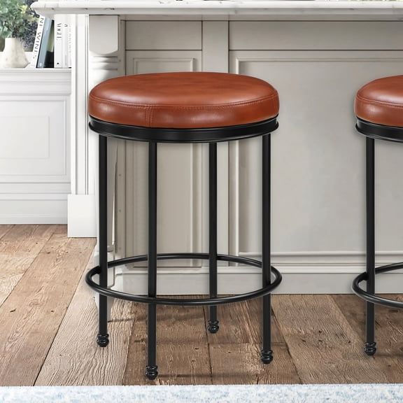 Backless Metal Stool with Faux Leather Seat | Comfortable Seating for Kitchen | Chip-Resistant Frame | Adjustable Foot