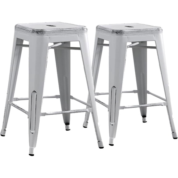 Backless Modern Light Weight Industrial Contemporary Rustic Vintage Coastal Metal Stools Without Back And 4 Leg Design Set Of 2 24" Seat, Distressed White