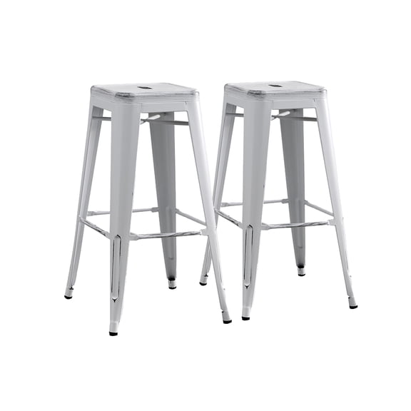 Backless Modern Light Weight Industrial Contemporary Rustic Vintage Costal Metal Bar Stools Without Back And 4 Leg Design (Set Of 2) (30" Seat, Distressed White)