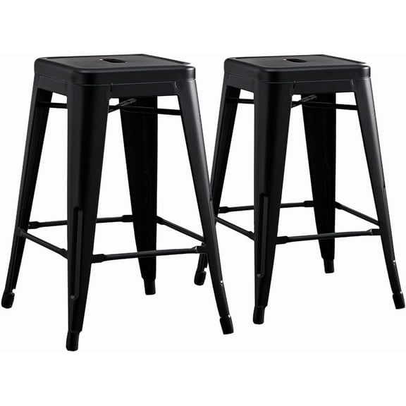 Backless Modern Light Weight Industrial Rustic Vintage Costal Metal Bar Stools with No Back and 4 Leg Design (Set of 2) (30" Seat, Matte Black)