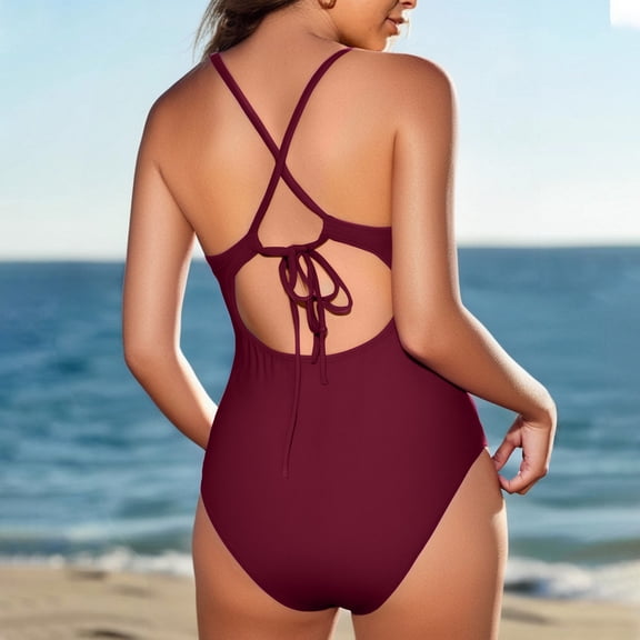 Backless One Piece Swimsuits for Women V Neck Sexy Thong Bathing Suit Cross Back Lace-Up Tummy-Control Swimming Suits Pool Wine, XXL