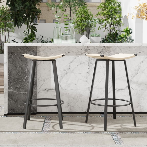 Backless PVC Weave Bar Stools Set of 2 with Footrest for Kitchen Indoor Outdoor