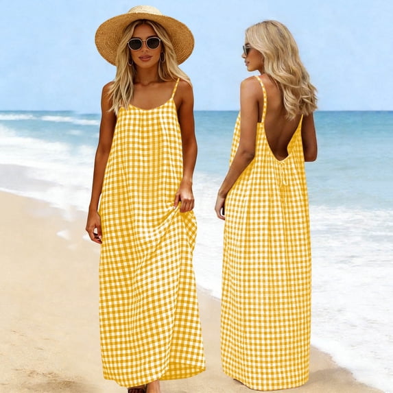 Backless Plaid Cotton Linen Maxi Dress Women's Sleeveless Spaghetti Strap Summer Dress Flowy Cami Sundress Suitable For Casual Beach Outdoor Activities Yellow M