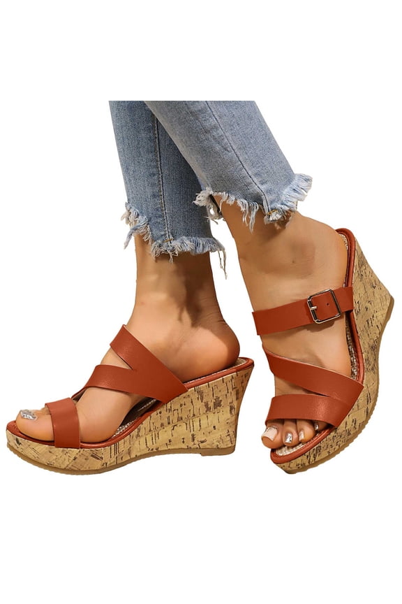 Backless Platform Sandals for Women Lightweight Cork Wedges Slides Comfortable Non Slip Heeled Mules Brown Size 8