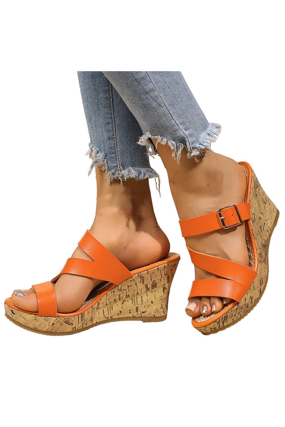 Backless Platform Sandals for Women Lightweight Cork Wedges Slides Comfortable Non Slip Heeled Mules Orange Size 8