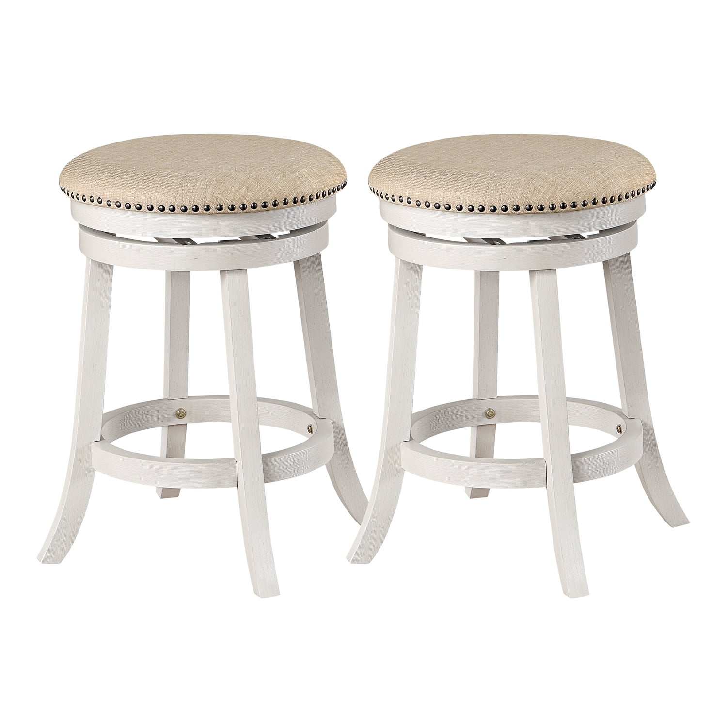 Beige Fabric Round Swivel Stool with White-Wash Wood Finish, 2-Pack