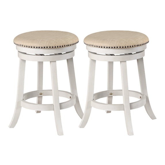 Backless Round Swivel Stool in Beige Fabric in White-Wash Finish 2 Pack