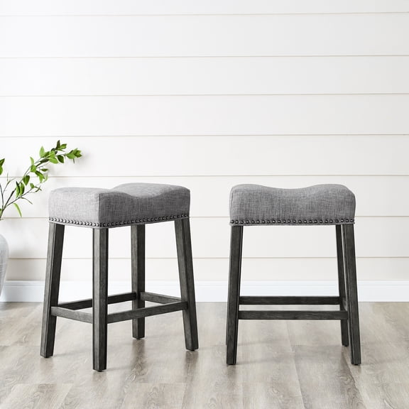 Backless Saddle Seat Counter Stools, Gray, 24" High, Of 2. Made With Real Wood And Weathered Texture. Upholstered In Grey. Modern Style. 18"w X 13"d 25"h. For Home. Assembly Required Tall, Gray (