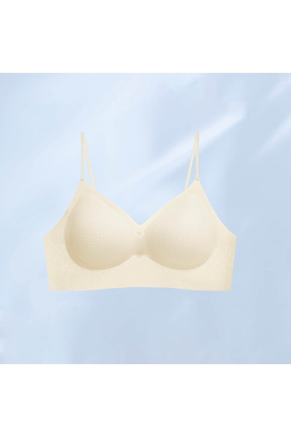 Backless Seamless Bra, Women Solid Color Ice Silk Gathered Bralette, Thin Breathable U-Shape Back Design with Adjustable Straps, Cool Feeling Lingerie for Daily Party Dress Matching White M
