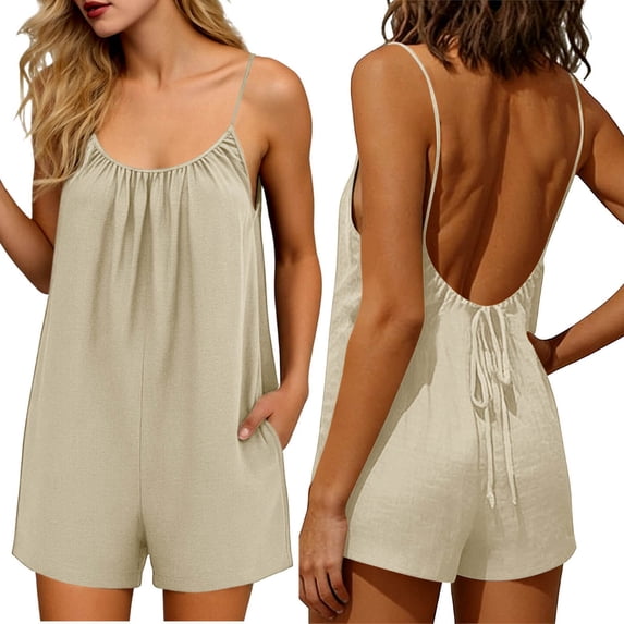 Backless Shorts Jumpsuit Women Petite Cotton Linen Jumpsuits Elegant Summer Casual Loose Plain Dungarees Wide Leg Pants Beach Spaghetti Straps Overalls Pants Rompers Playsuits with Pockets