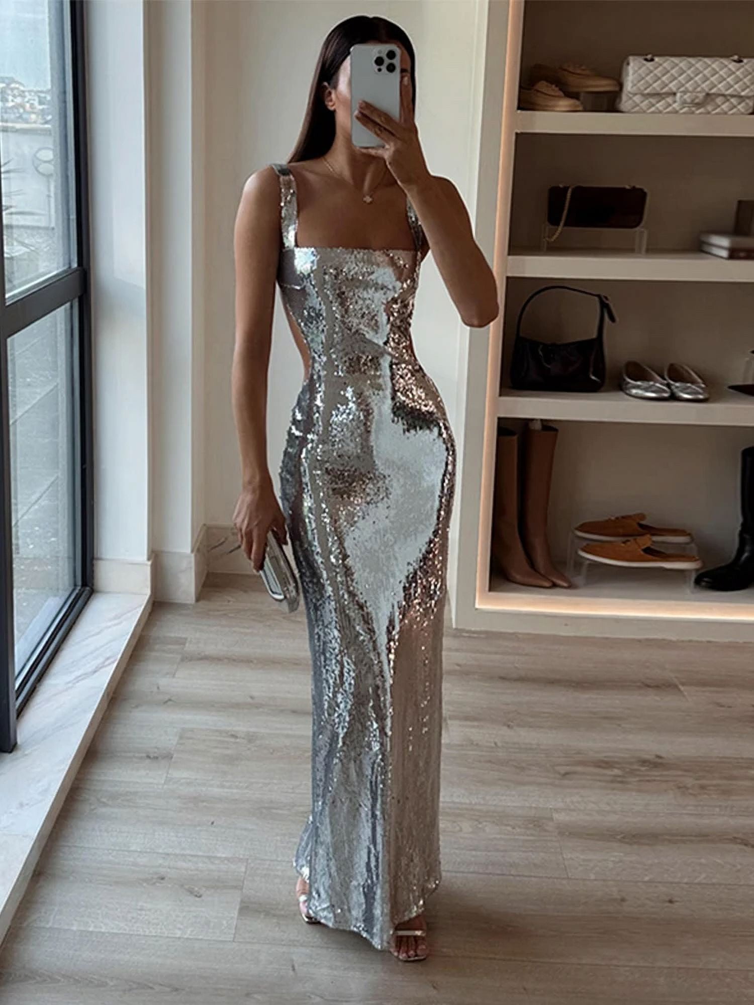 Backless Silver Sequins Off Shoulder Sling Maxi Dress Women Square ...