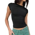 thumbnail image 1 of Backless Slim Fit T Shirt for Women Short Sleeve Crew Neck Crop Top Casual Summer Y2K Crop Tee Black S, 1 of 5