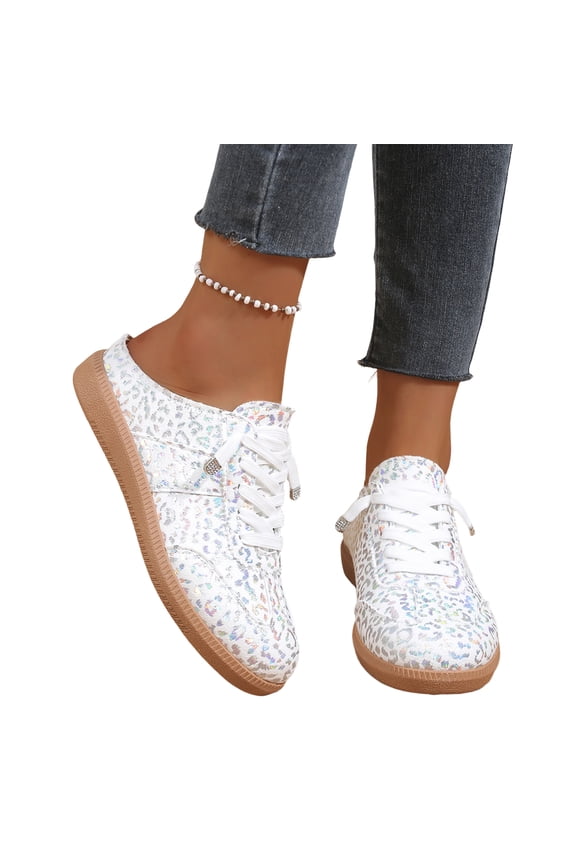 Backless Slip On Sneakers, Women's Leopard Print Mule Sneakers, Mules Holographic Glitter Slip On Backless Casual Shoes, Cute Summer Breathable Flat Walking Shoes for Ladies, Silver 8