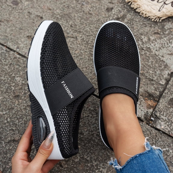 Backless Sneakers for Women,Women's Air Cushion Orthopedic Walking Shoes - Breathable Mesh Slip-On Sandals with Arch Support, Wedge Platform Comfort for Casual, Travel & Daily Wear,Black,9