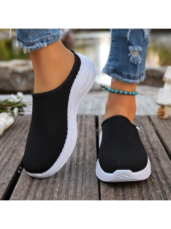 Backless Sneakers for Women, Slip On Open Back Shoes with Arch Support, Breathable Mesh Walking Mules Sneakers, Lightweight Non-Slip Platform Casual