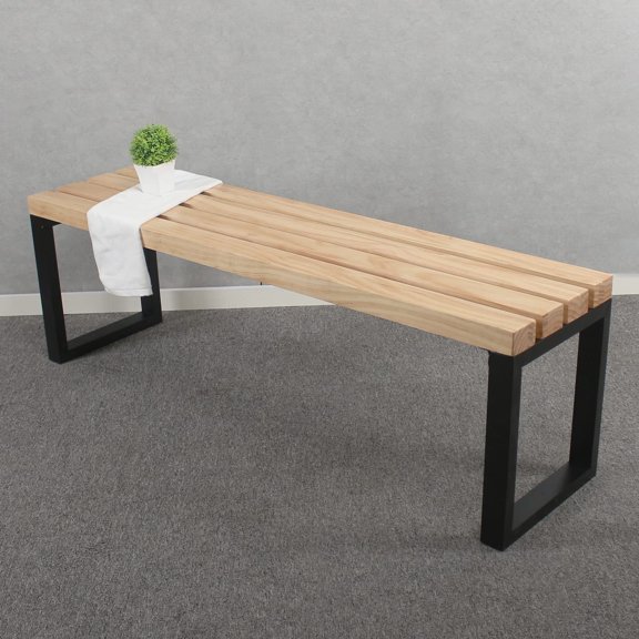 Backless Solid Wood Bench With Black Metal Legs, 55 Inch Natural Log Finish Color-B