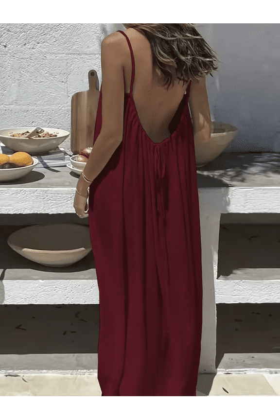 Backless Spaghetti Strap Maxi Dress for Women – Adjustable Open Back Cami Long Dress, Lightweight Summer Vacation Dress