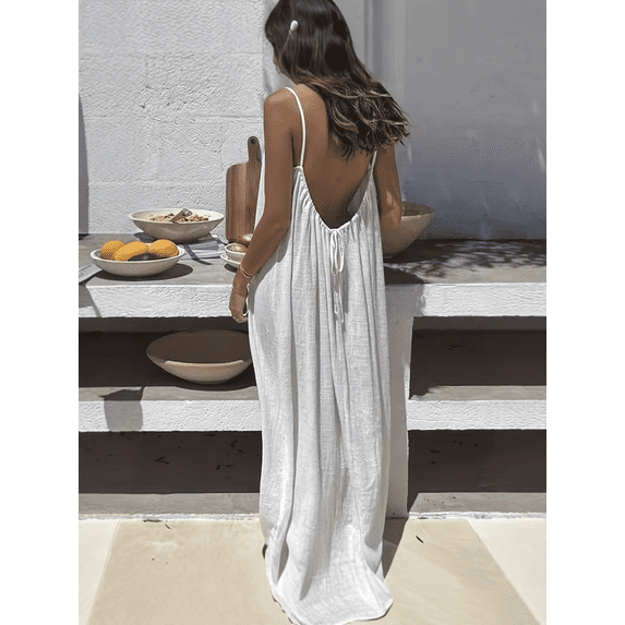 Backless Spaghetti Strap Maxi Dress for Women – Adjustable Open Back Cami Long Dress, Lightweight Summer Vacation Dress