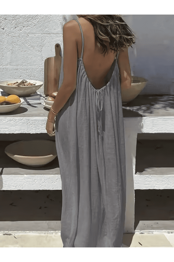 Backless Spaghetti Strap Maxi Dress for Women – Adjustable Open Back Cami Long Dress, Lightweight Summer Vacation Dress