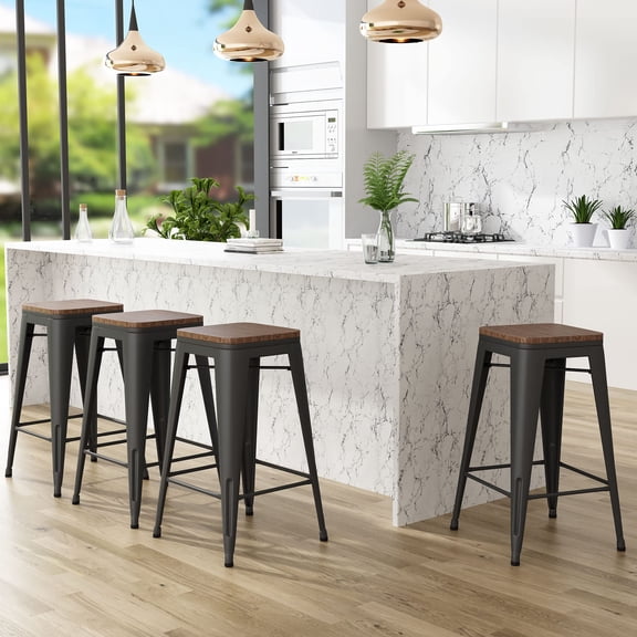 Backless Stackable and Wooden Seats Bar Stools - Set of 4, Matte Black