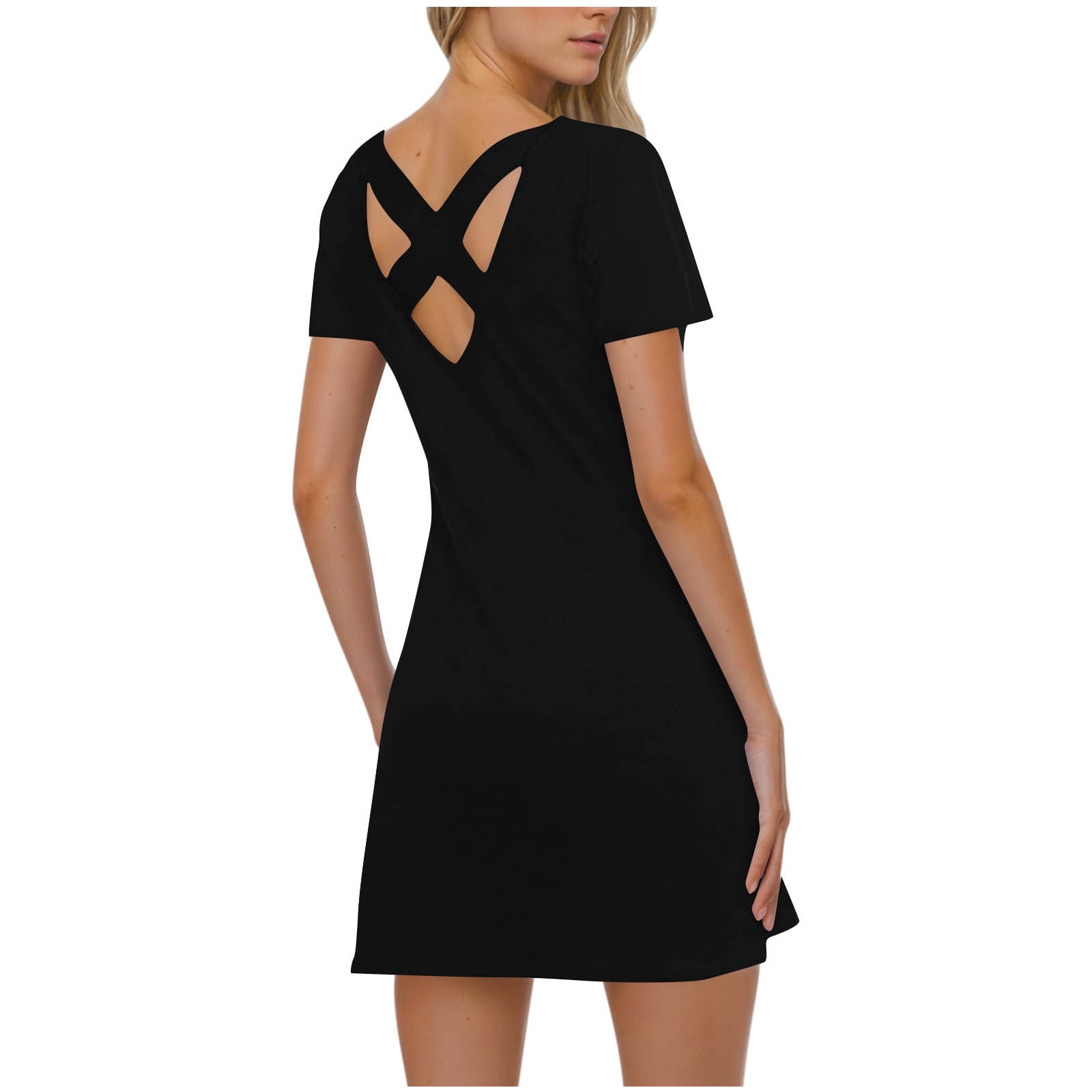 Backless Summer Dress Womens Cross Back Short Sleeve Crew Neck A Line Mini  Dresses Casual Trendy Outfits, Black L