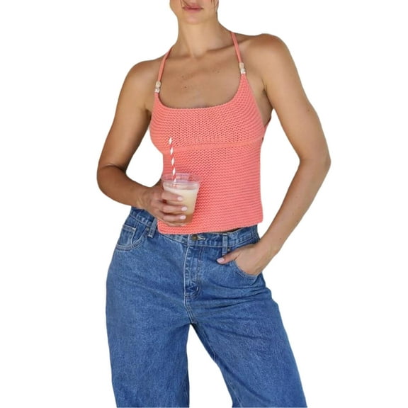 Backless Tie Up Knit Cami Tops for Women Crochet Y2k Sleeveless Strappy Summer Shirts Streetwear