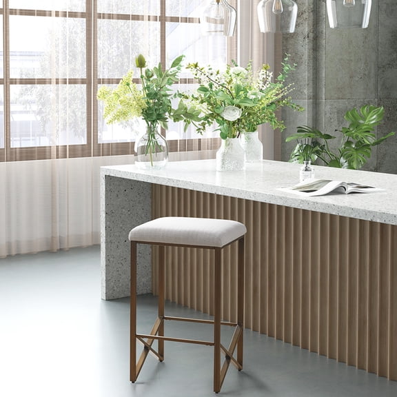 Backless Upholstered Counter Stool 26" - Minimalist Style Seat. Bronze Metal Base, Padded Assembly Required, Tools Included Seat Base In Finish, Upholstery Modern Required