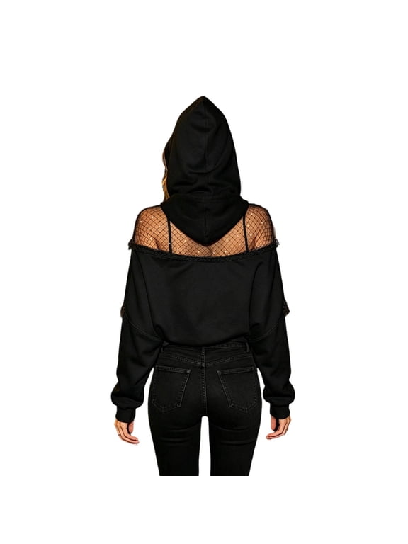 Backless Zipper Hoodie for Women Mesh See Through Fishnet Open Back Crop Tops Oversized Long Sleeve Hooded Pullover Hoodies