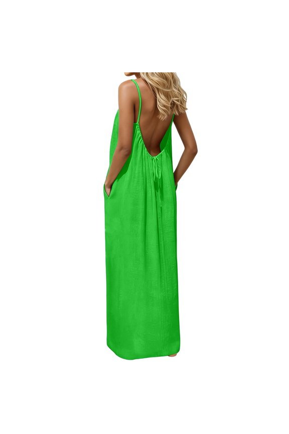 Backless dress, backless loungewear with pockets, women's sleeveless long casual dress, backless indoor clothing.