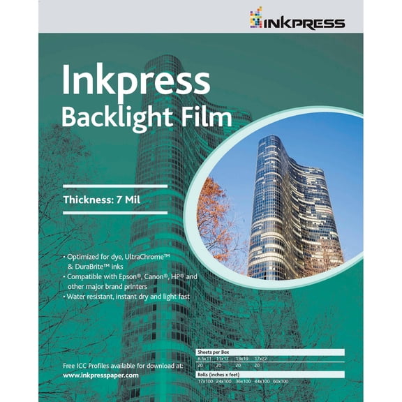 Inkpress Backlight Translucent White Semi-matte Inkjet Film, 7 mil, 8.5x11", 20 Sheets