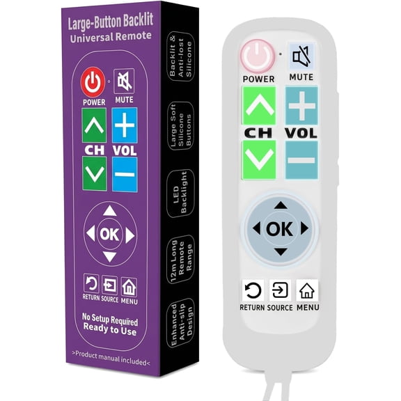 Backlit Big Button Remote for Vizio TV,with White Cover