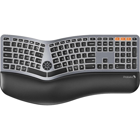 Backlit Bluetooth Ergonomic Keyboard, EK01 Plus Full Size Wireless Split Keyboard with Dual Bluetooth and USB, Cushioned Wrist Rest, Rechargeable for Windows/Mac/Android, Grey Black