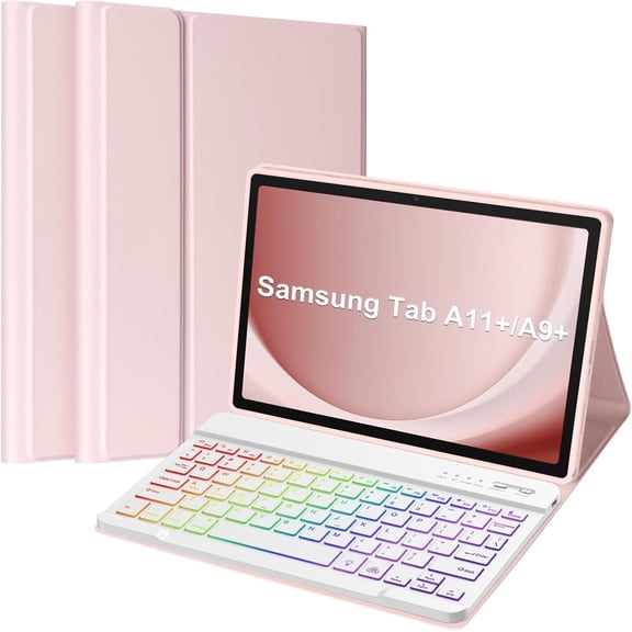 Backlit Case Keyboard for Samsung Galaxy Tab A11 Plus/A9 Plus 11inch (2025/2023)-Slim Lightweight Stand Cover with Magnetic Detachable Wireless Bluetooth Keyboard for Tablet A11+ A9+, Pink