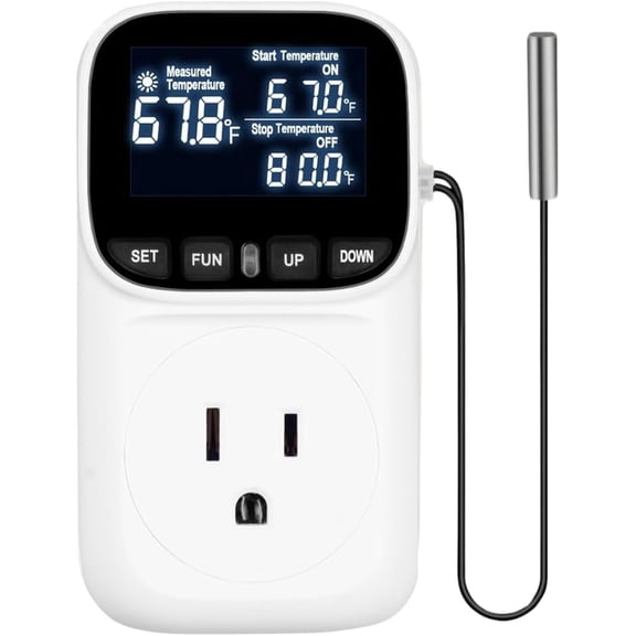 Backlit Digital Temperature Controller Thermostat Socket Plug with Timer Heating and Cooling Mode 110V 15A Fahrenheit