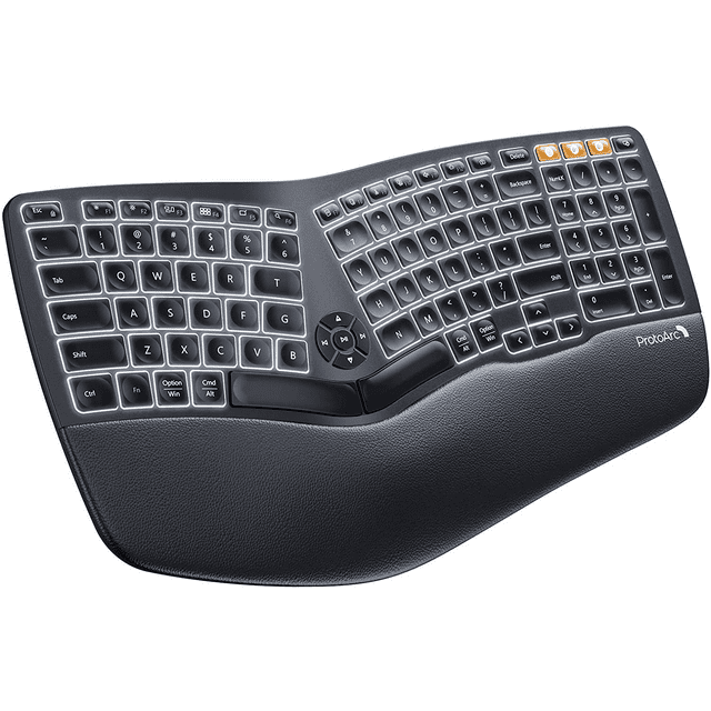 Backlit Wireless Ergonomic Keyboard, ProtoArc Ergo Split Bluetooth Keyboard with Wrist Rest, Rechargeable Silent Computer Keyboard, 3 Multi-Device