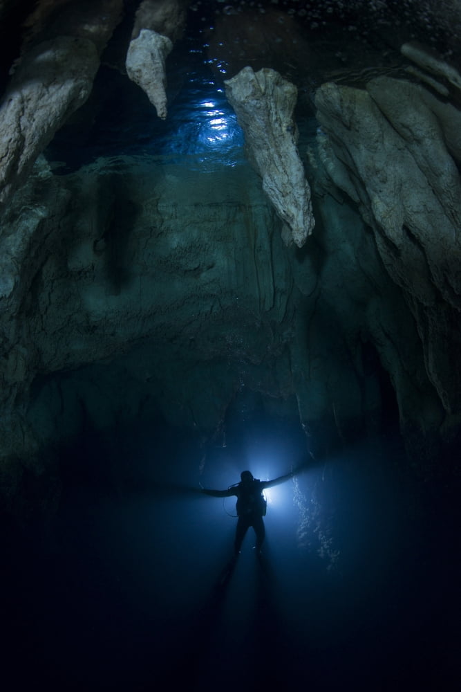 Backlit diver in Chandelier Cave with large stalactites Canvas Art - Mathieu MeurStocktrek Images (12 x 17)