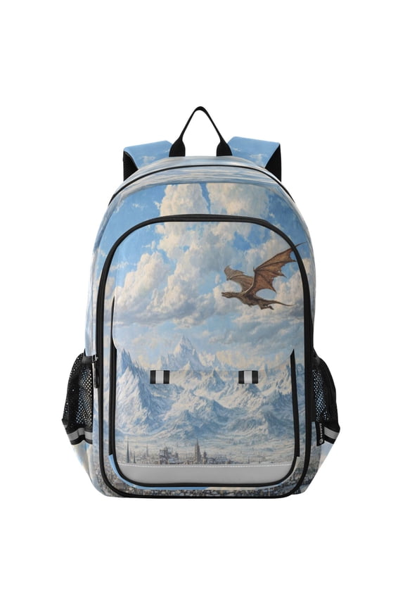 Backpack 12.9 *5.1 * 17.7 Inches Outing Backpack, Shopping Backpack, Travel Backpack Dragon Flying Medieval Town