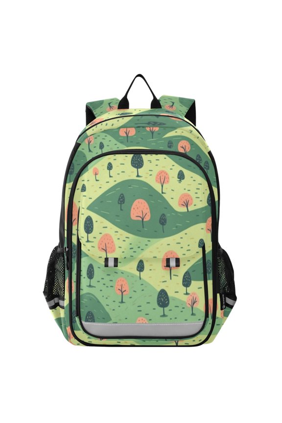 Backpack 12.9 *5.1 * 17.7 Inches Outing Backpack, Shopping Backpack, Travel Backpack Green Cartoon Hill